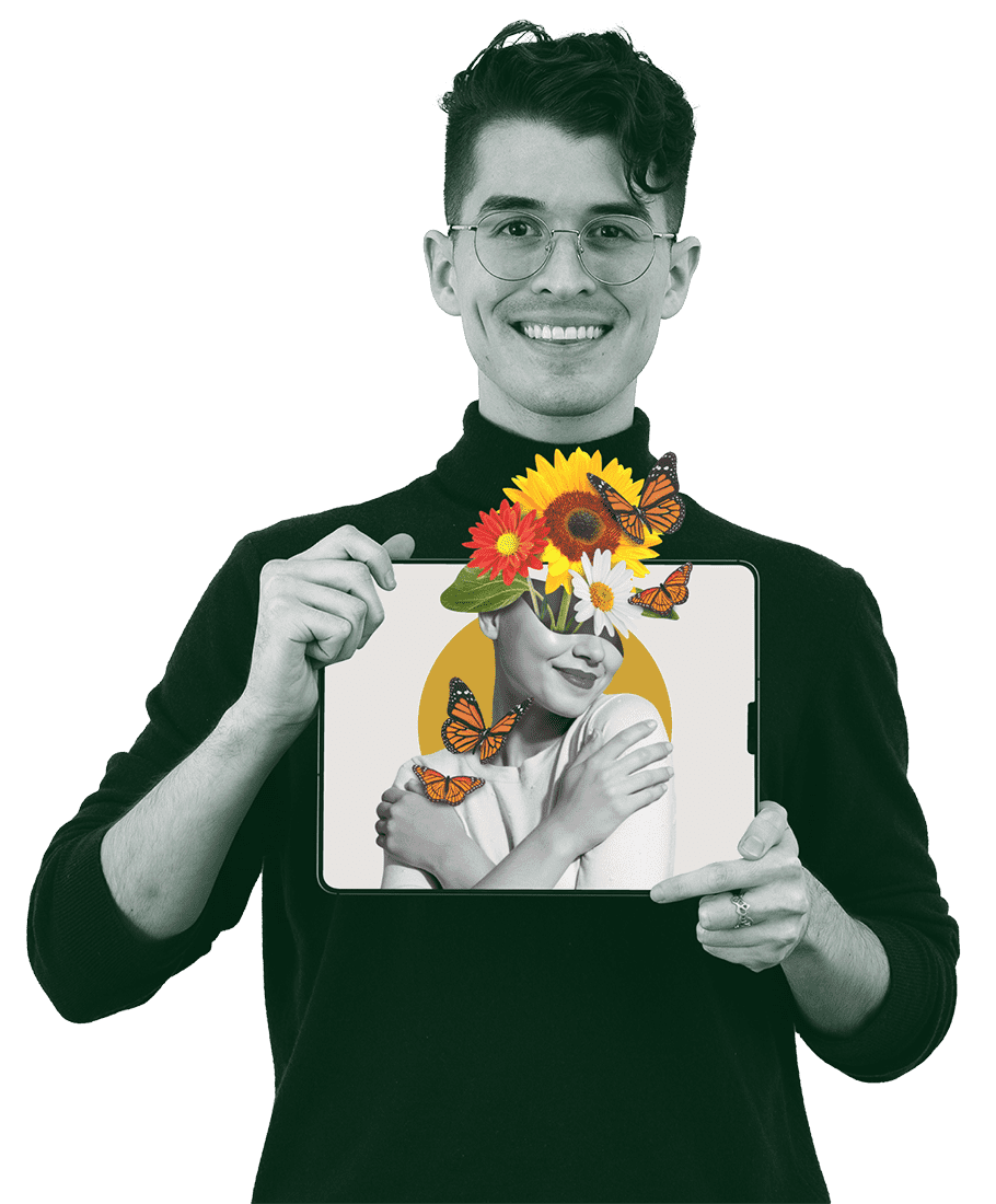 Smiling man holds up tablet displaying artistic portrait surrounded by vibrant flowers and butterflies, conveying theme of digital creativity and joy.